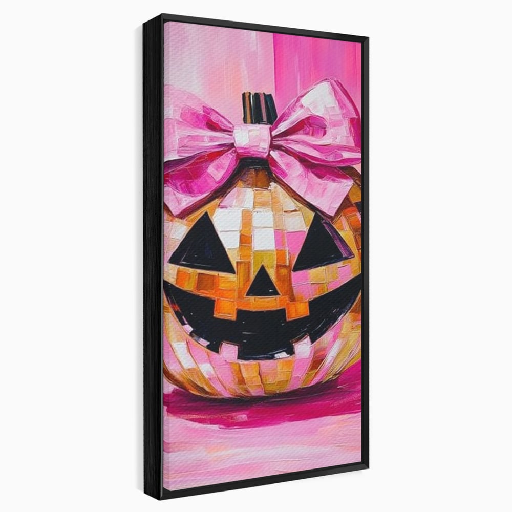 Tablou canvas cu tablou canvas cu dovleac roz si fundita, in rama de aluminiu negru